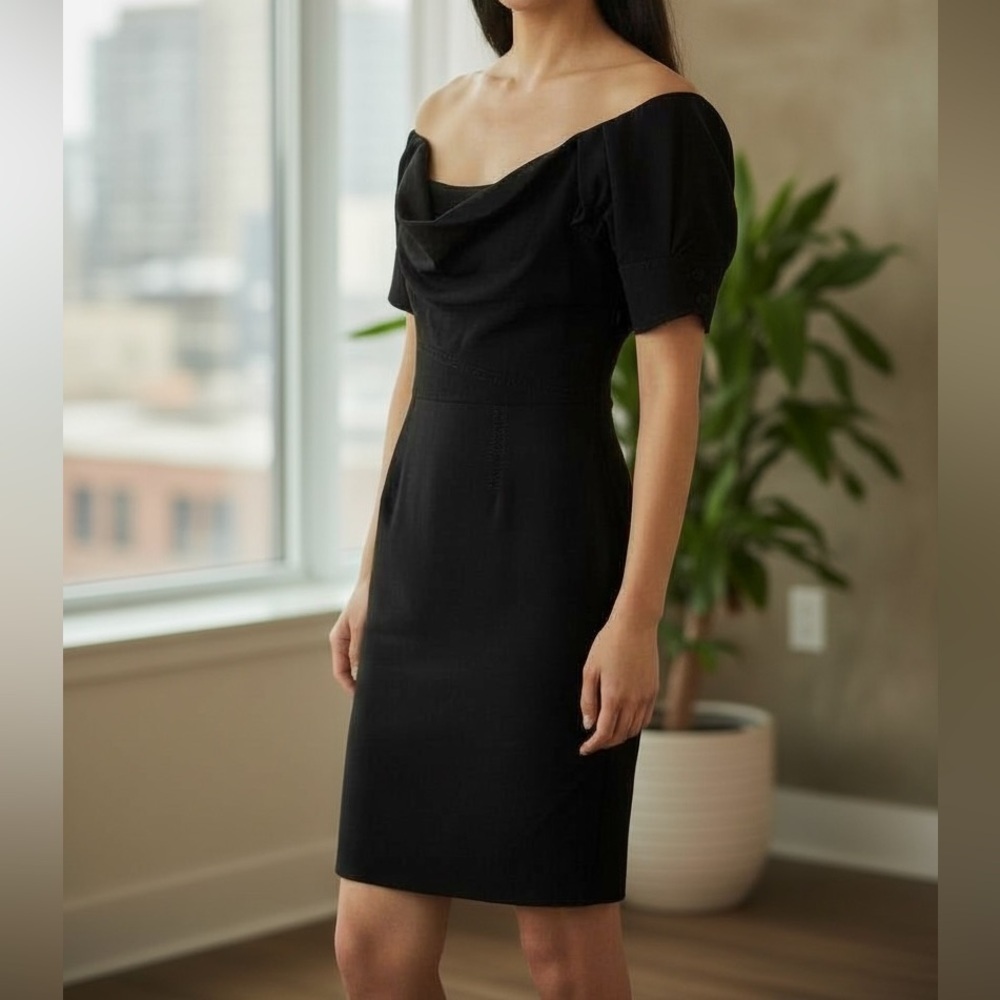 Zac Posen Black Draped Sheath Dress Off–Shoulder Cocktail Size 2 | Minmalist